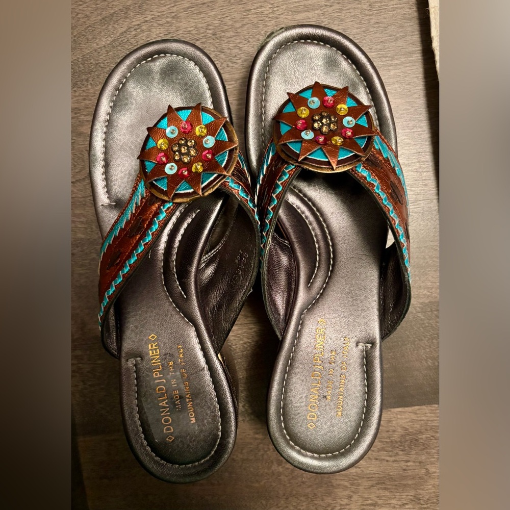 Donald J. Pliner Metallic Copper & Turquoise Leather Platform Sandals, Sz 8